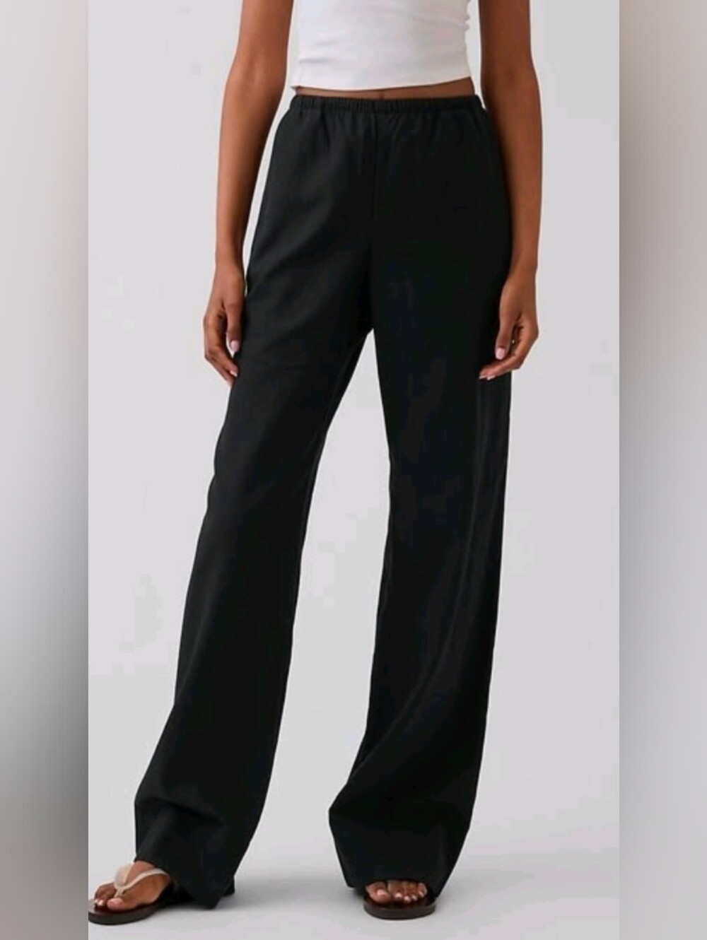 Black Linen Blend Straight Leg Stretchy Waist With Pockets Pants Fully Lined S
